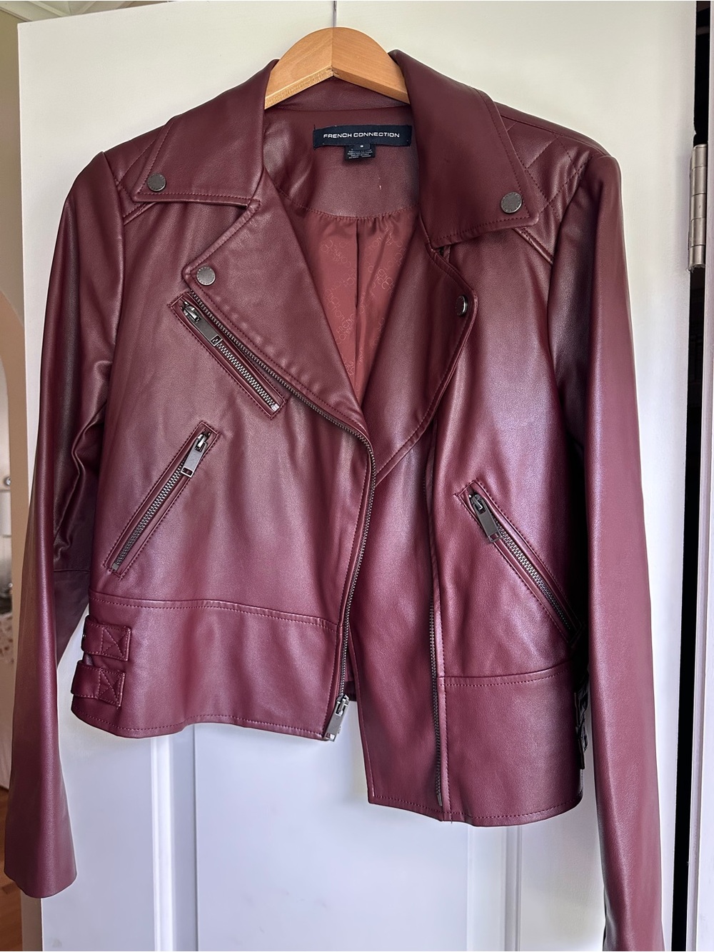 French Connection Wine Faux Leather Moto Jacket